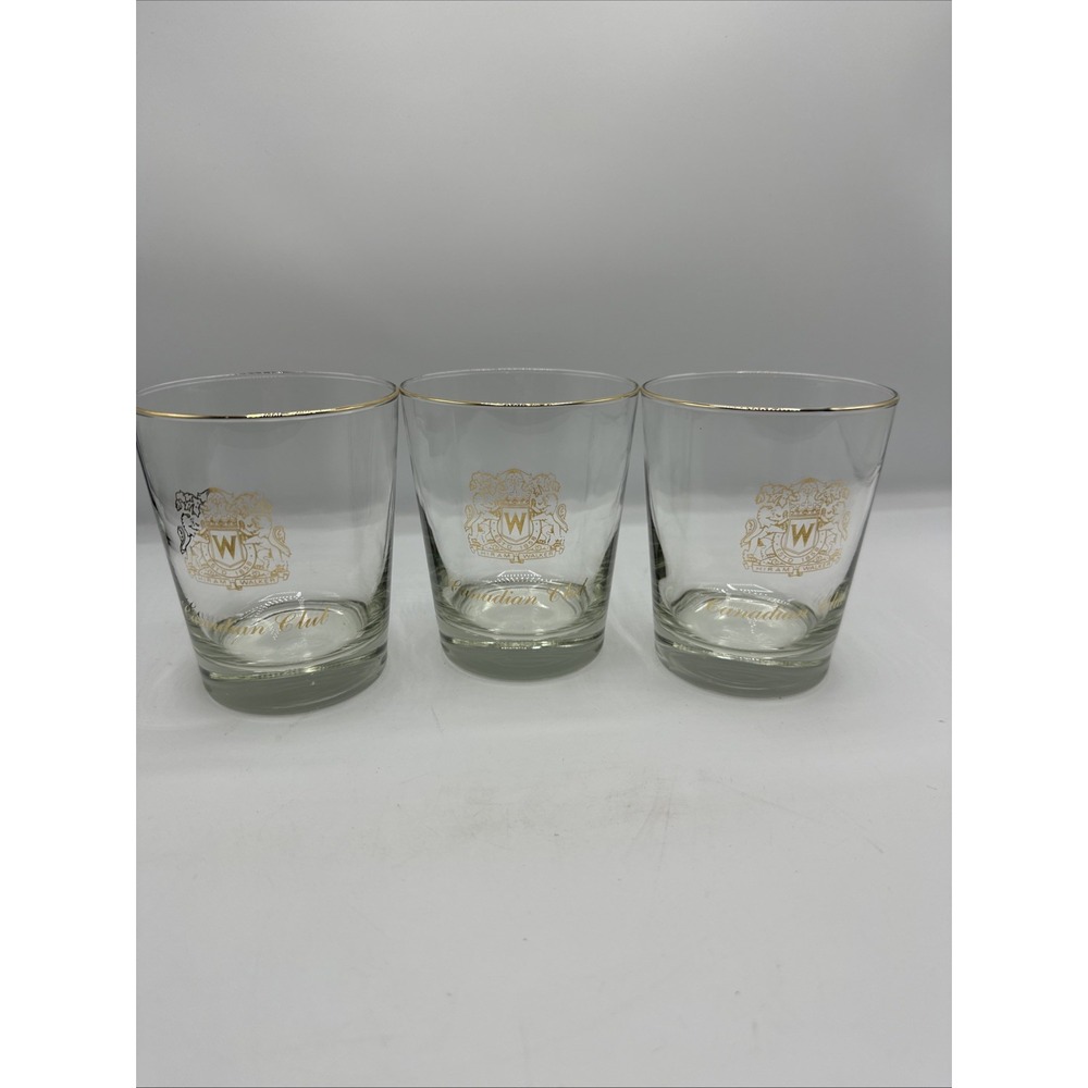 Double Old Fashioned Gold Rimmed Canadian Club Glasses Set Of 3‎ Vintage